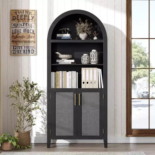 Arched 5-Tier Bookshelf with Doors  Modern Display Shelf with Rattan Details, Storage Cabinet for Home Office, Living Room, or Library
