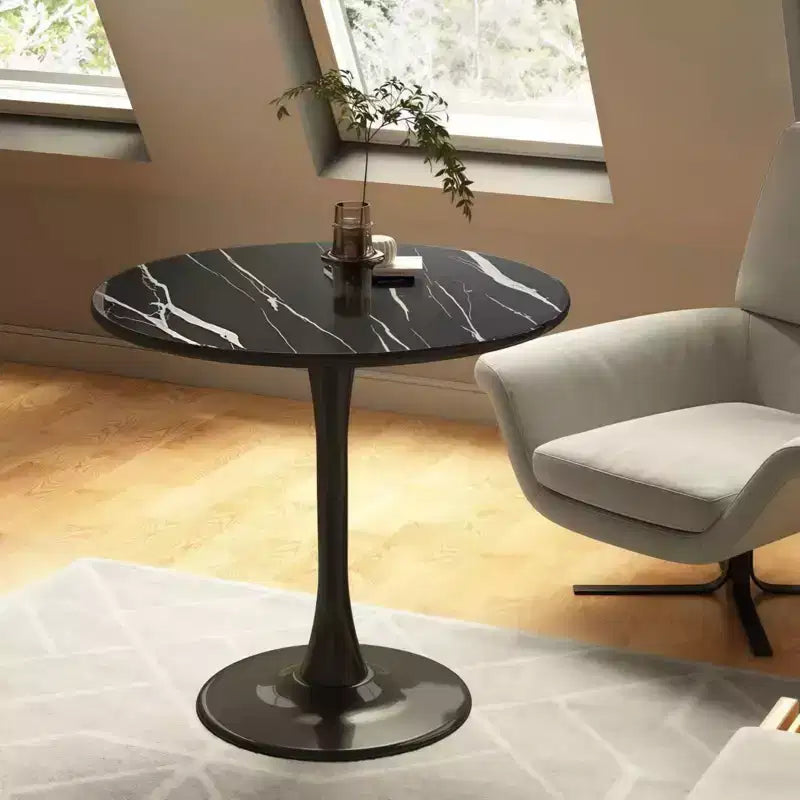 Tavolino Tondo Nero, Base in Metallo e Piano in MDF, Singolo