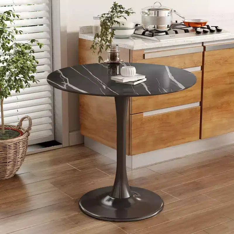 Tavolino Tondo Nero, Base in Metallo e Piano in MDF, Singolo