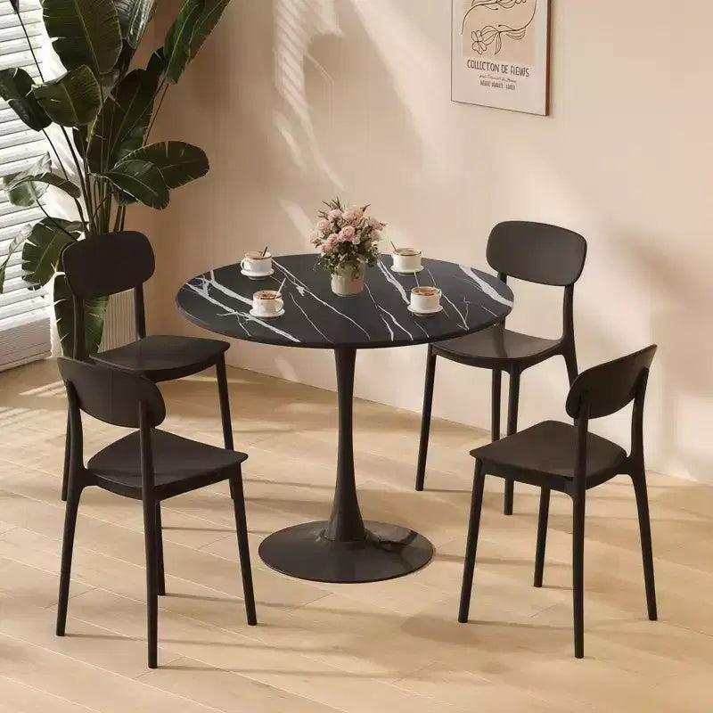 Tavolino Tondo Nero, Base in Metallo e Piano in MDF, Singolo