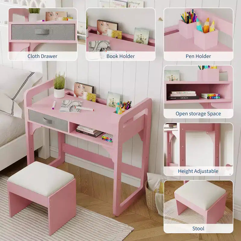 Scrivania e sgabello per bambini Blu/Rosa/Bianco, altezza regolabile, per 1 bambino di 3-8 anni