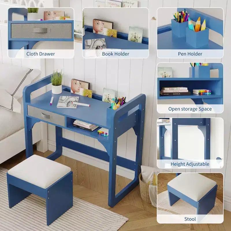 Scrivania e sgabello per bambini Blu/Rosa/Bianco, altezza regolabile, per 1 bambino di 3-8 anni