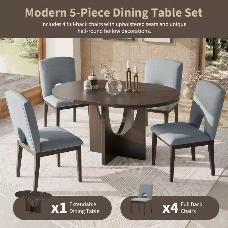 Set da pranzo rotondo allungabile da 5 pezzi per 4 persone, Espresso/Noce