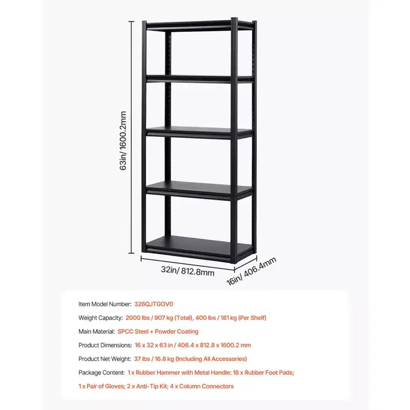 Scaffalatura a 5 Ripiani in Acciaio Nero, 40,6 cm P x 81,3 cm L x 160 cm A, Regolabile, 1–2 Persone