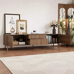 Mobile TV a 2 ante con scanalature bianche per TV fino a 80", consolle multimediale da 70,8" con cassetti e gambe in legno