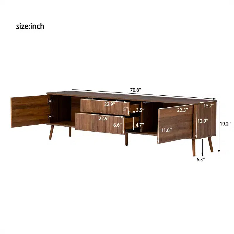 Mobile TV a 2 ante con scanalature bianche per TV fino a 80", consolle multimediale da 70,8" con cassetti e gambe in legno