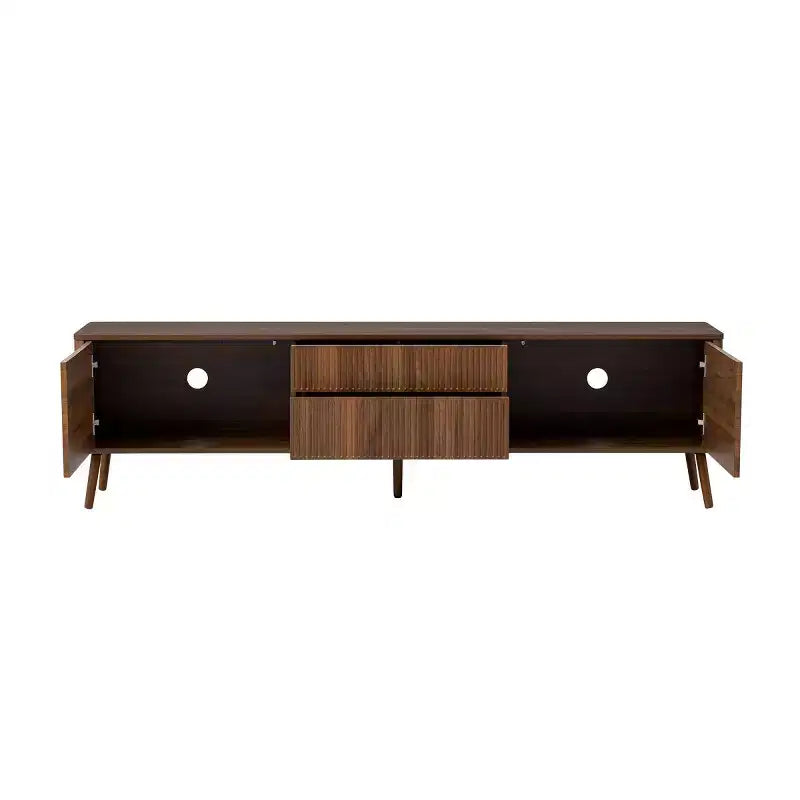 Mobile TV a 2 ante con scanalature bianche per TV fino a 80", consolle multimediale da 70,8" con cassetti e gambe in legno