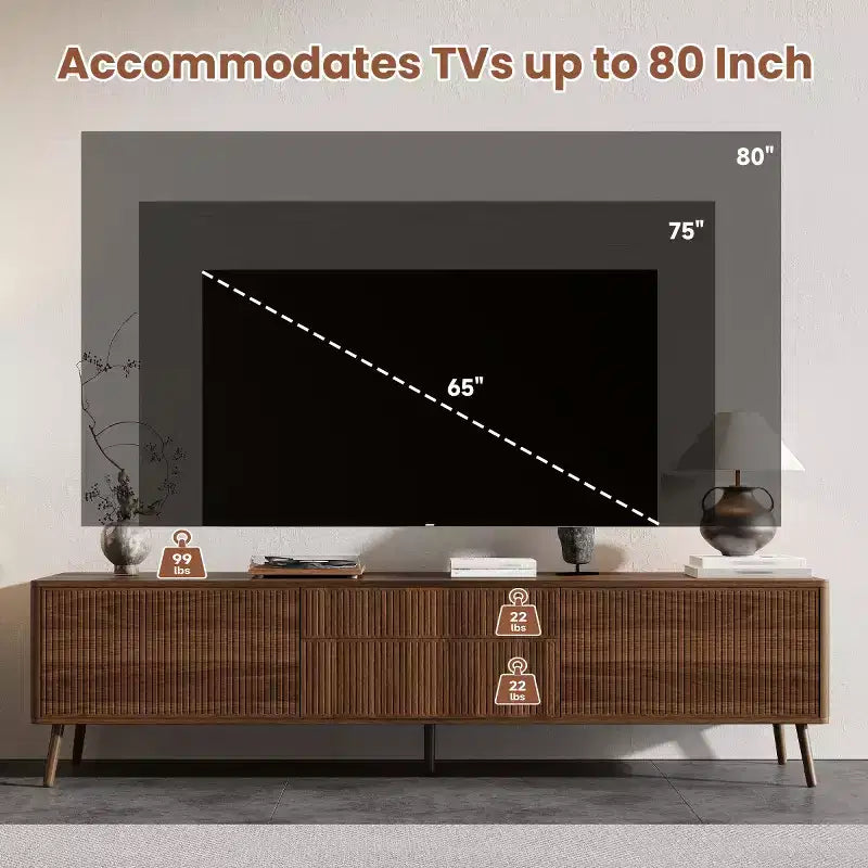 Mobile TV a 2 ante con scanalature bianche per TV fino a 80", consolle multimediale da 70,8" con cassetti e gambe in legno