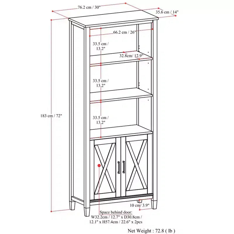 Libreria transizionale in legno massello marrone scuro con contenitore, 5 ripiani, 2 ante, montaggio da 1 persona