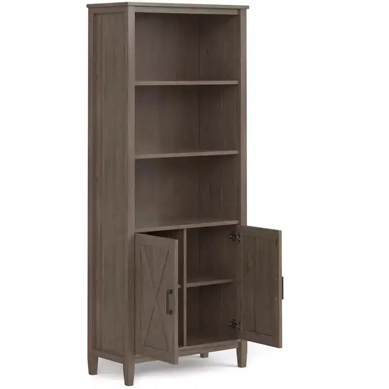 Libreria transizionale in legno massello marrone scuro con contenitore, 5 ripiani, 2 ante, montaggio da 1 persona