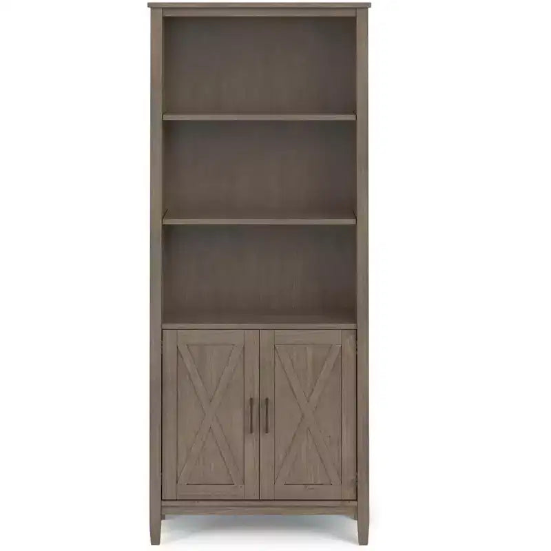Libreria transizionale in legno massello marrone scuro con contenitore, 5 ripiani, 2 ante, montaggio da 1 persona
