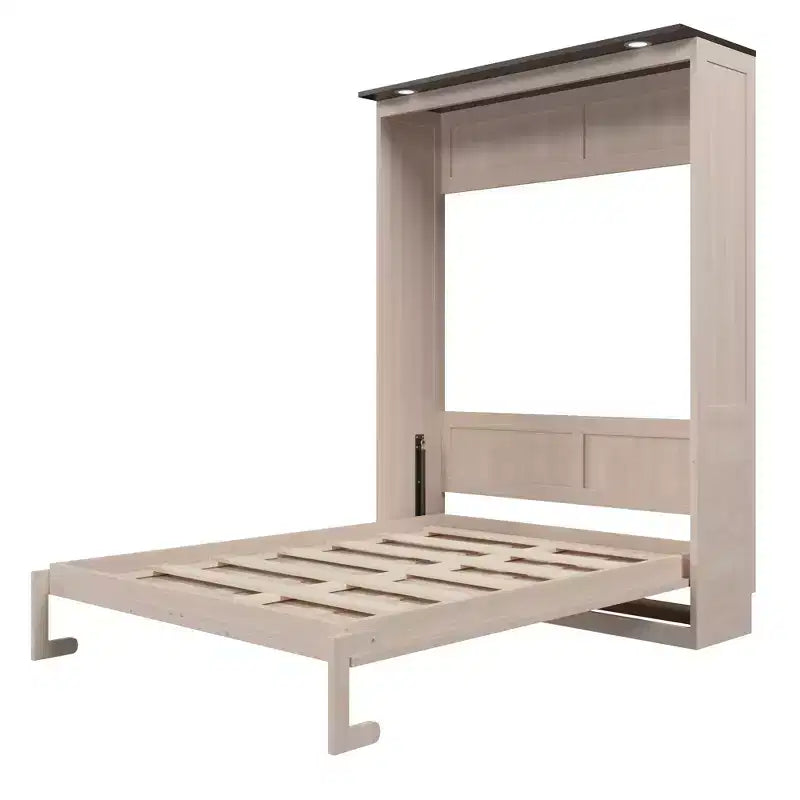 Letto a scomparsa matrimoniale beige con luce a LED, letto a parete con armadietto per 1-2 persone