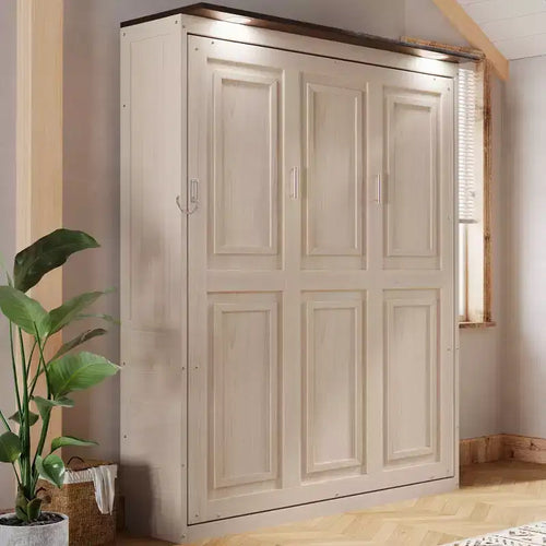 Letto a scomparsa matrimoniale beige con luce a LED, letto a parete con armadietto per 1-2 persone