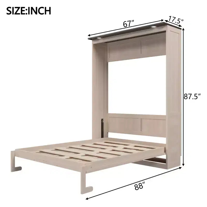 Letto a scomparsa matrimoniale beige con luce a LED, letto a parete con armadietto per 1-2 persone