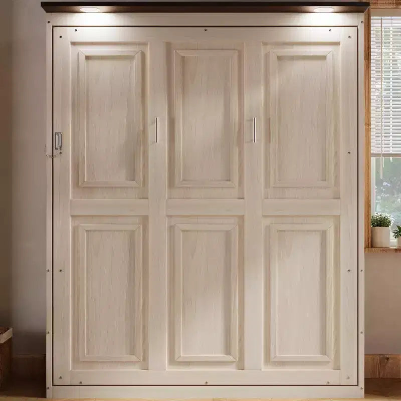 Letto a scomparsa matrimoniale beige con luce a LED, letto a parete con armadietto per 1-2 persone