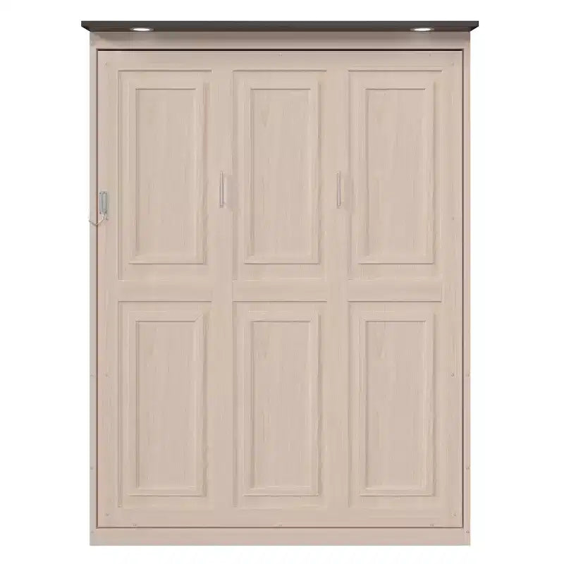 Letto a scomparsa matrimoniale beige con luce a LED, letto a parete con armadietto per 1-2 persone