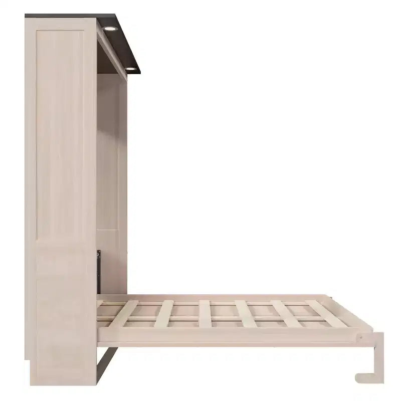 Letto a scomparsa matrimoniale beige con luce a LED, letto a parete con armadietto per 1-2 persone