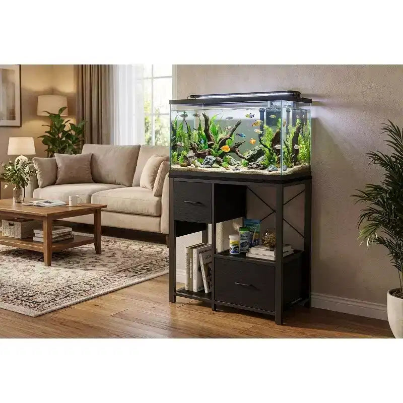 Mobile per acquario Black/Fiery Clouds in metallo e legno con 2 cassetti, per acquari da 75-110 litri, montaggio da 1 persona