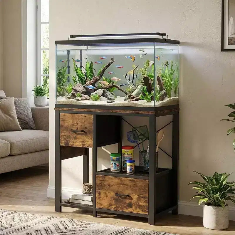 Mobile per acquario Black/Fiery Clouds in metallo e legno con 2 cassetti, per acquari da 75-110 litri, montaggio da 1 persona