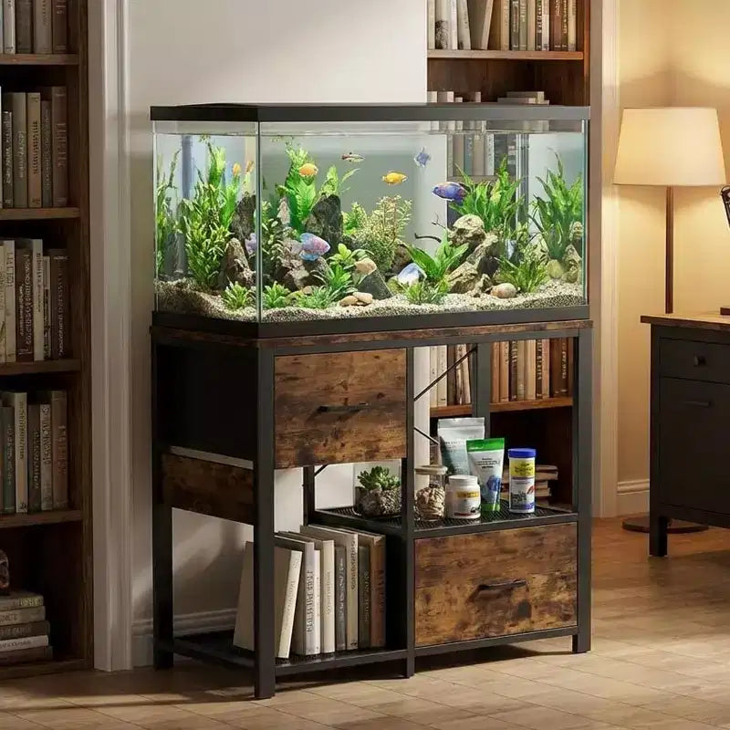 Mobile per acquario Black/Fiery Clouds in metallo e legno con 2 cassetti, per acquari da 75-110 litri, montaggio da 1 persona