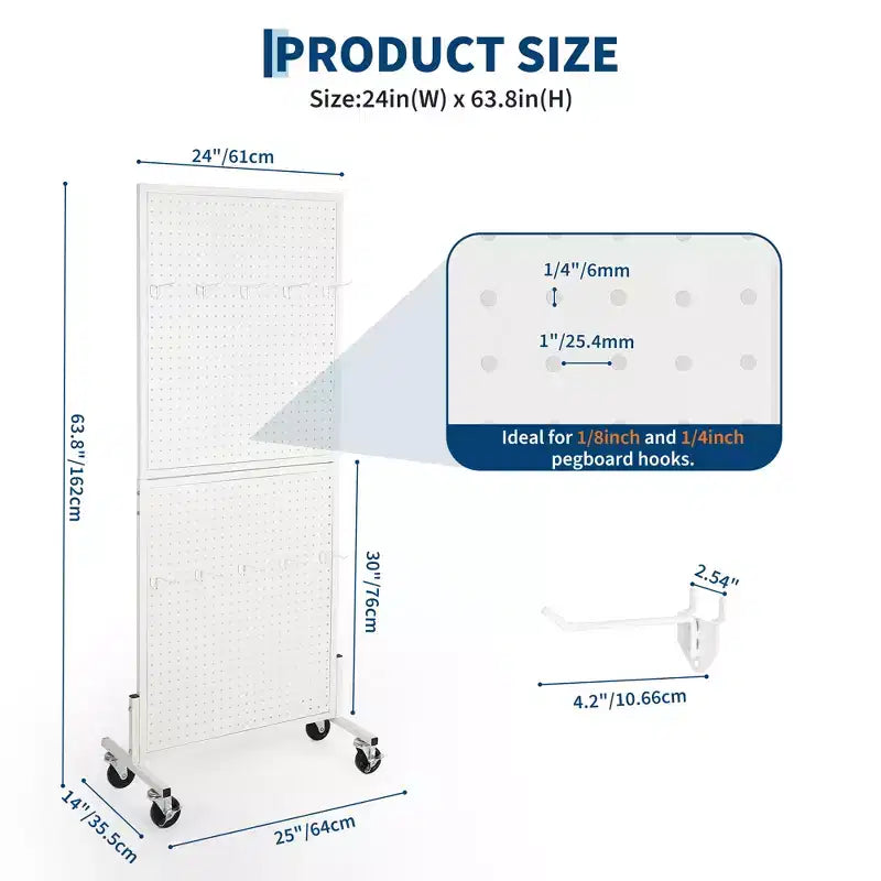 Espositore a pioli da pavimento a 2 pannelli in bianco/nero con ruote, singolo utilizzatore
