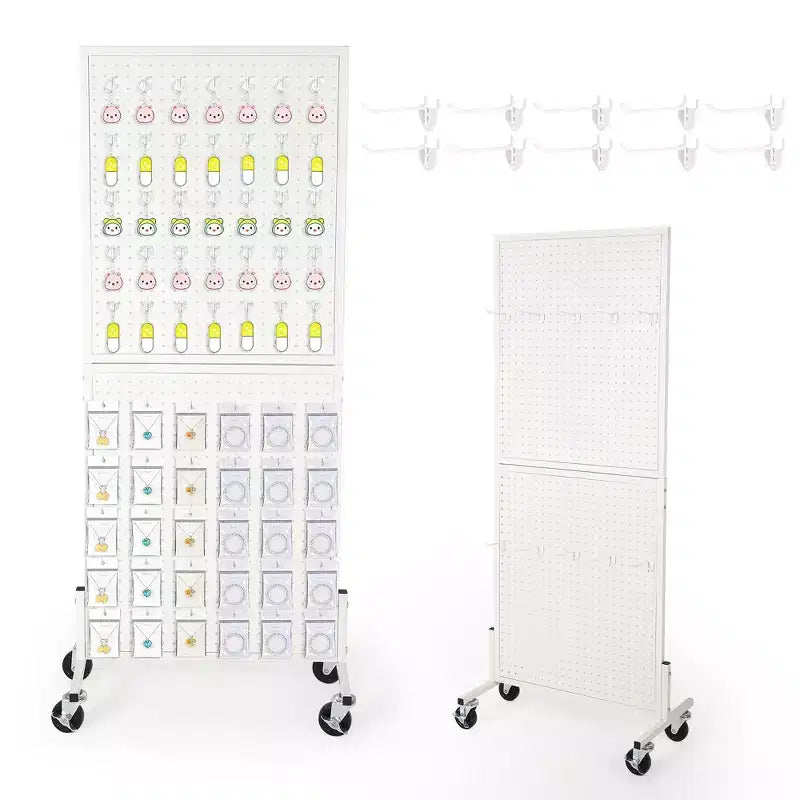 Espositore a pioli da pavimento a 2 pannelli in bianco/nero con ruote, singolo utilizzatore