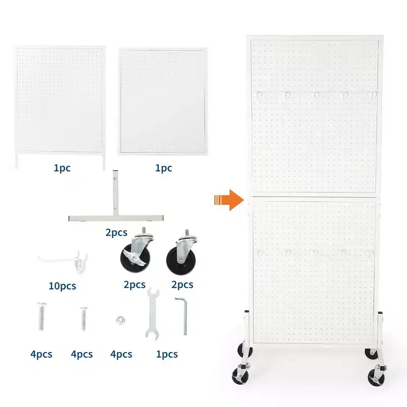 Espositore a pioli da pavimento a 2 pannelli in bianco/nero con ruote, singolo utilizzatore