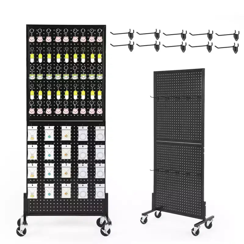 Espositore a pioli da pavimento a 2 pannelli in bianco/nero con ruote, singolo utilizzatore