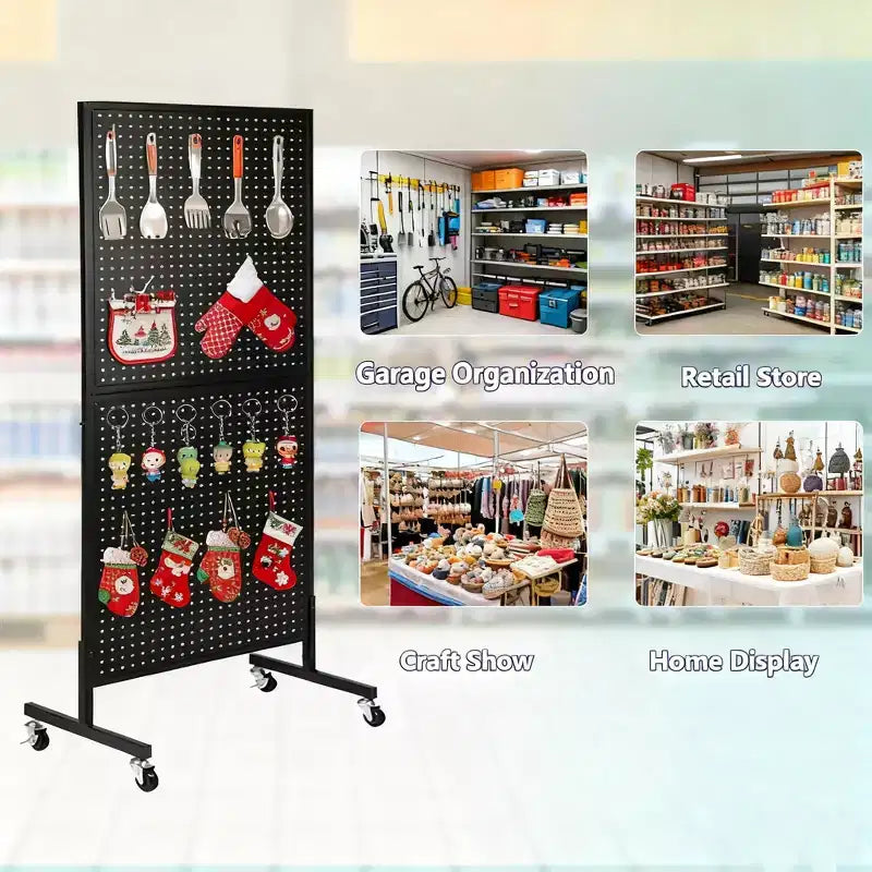 Espositore a pioli da pavimento a 2 pannelli in bianco/nero con ruote, singolo utilizzatore