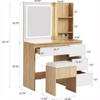 Scrivania da trucco moderna nera/bianca/legno con specchio LED e sgabello, monoposto