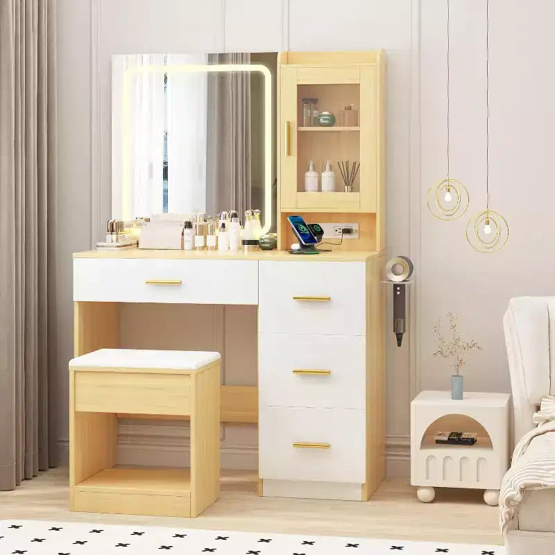 Scrivania da trucco moderna nera/bianca/legno con specchio LED e sgabello, monoposto