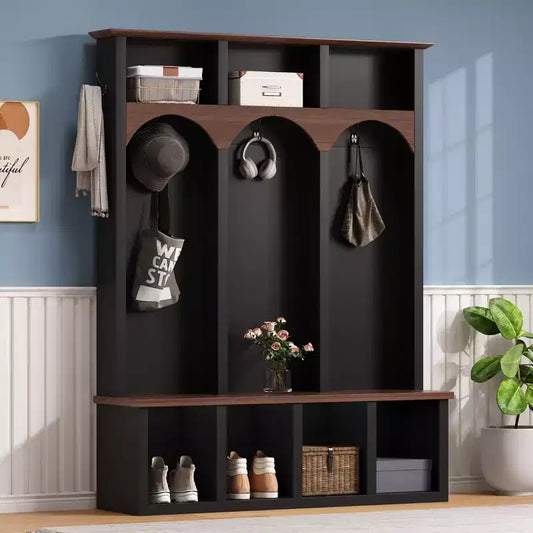 Clihome Farmhouse Wooden Style Hall Tree Storage Bench with 5 Hooks