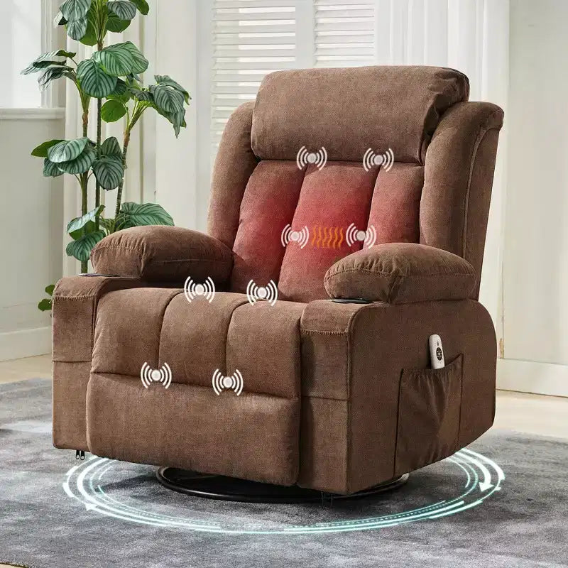 Poltrona Reclinabile Girevole Oversize Blu/Marrone con Funzione Calore e Massaggio, Posto Singolo