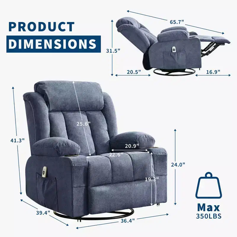 Poltrona Reclinabile Girevole Oversize Blu/Marrone con Funzione Calore e Massaggio, Posto Singolo