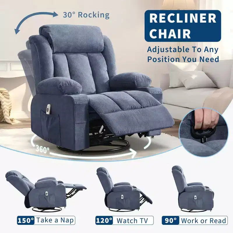 Poltrona Reclinabile Girevole Oversize Blu/Marrone con Funzione Calore e Massaggio, Posto Singolo