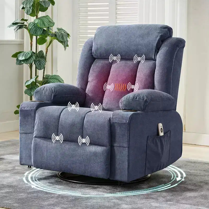 Poltrona Reclinabile Girevole Oversize Blu/Marrone con Funzione Calore e Massaggio, Posto Singolo