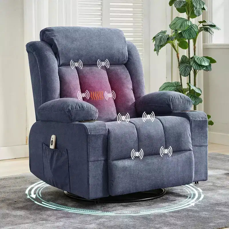 Oversized 360 Swivel Recliner with Heat & Massage. Wide Rocker for Big & Tall, 3-Positions, Cup Holders, USB Port & Pocket  Ultimate Lounge Chair.
