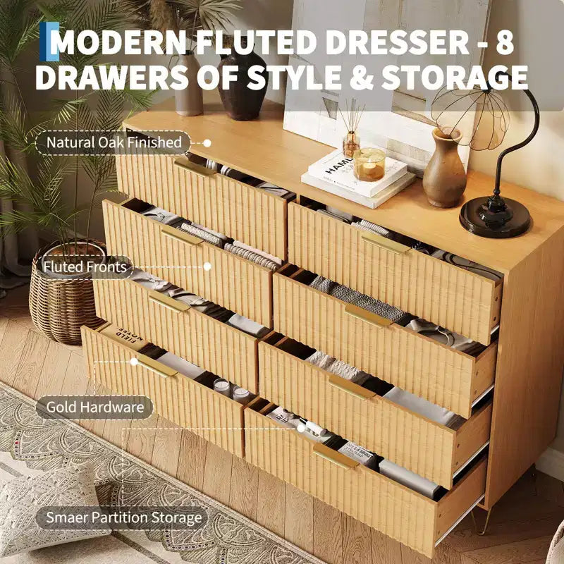Cassettiera a 8 cassetti con scanalature, Nero/Naturale/Rosa/Bianco, Contenitore in legno per 1