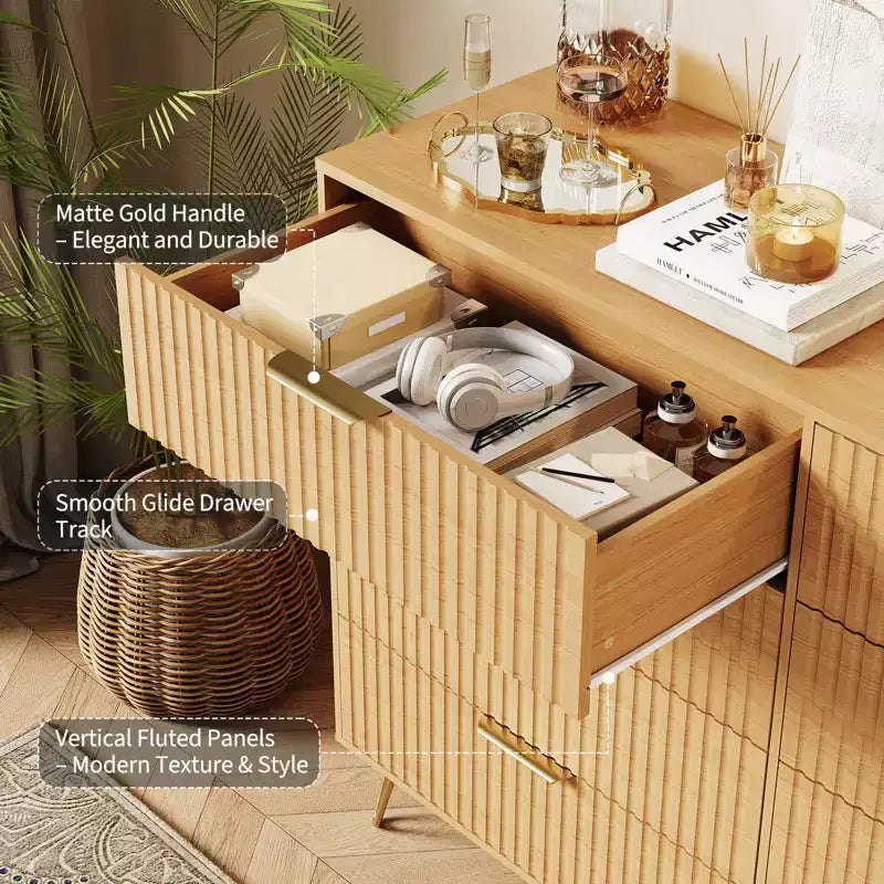 Cassettiera a 8 cassetti con scanalature, Nero/Naturale/Rosa/Bianco, Contenitore in legno per 1
