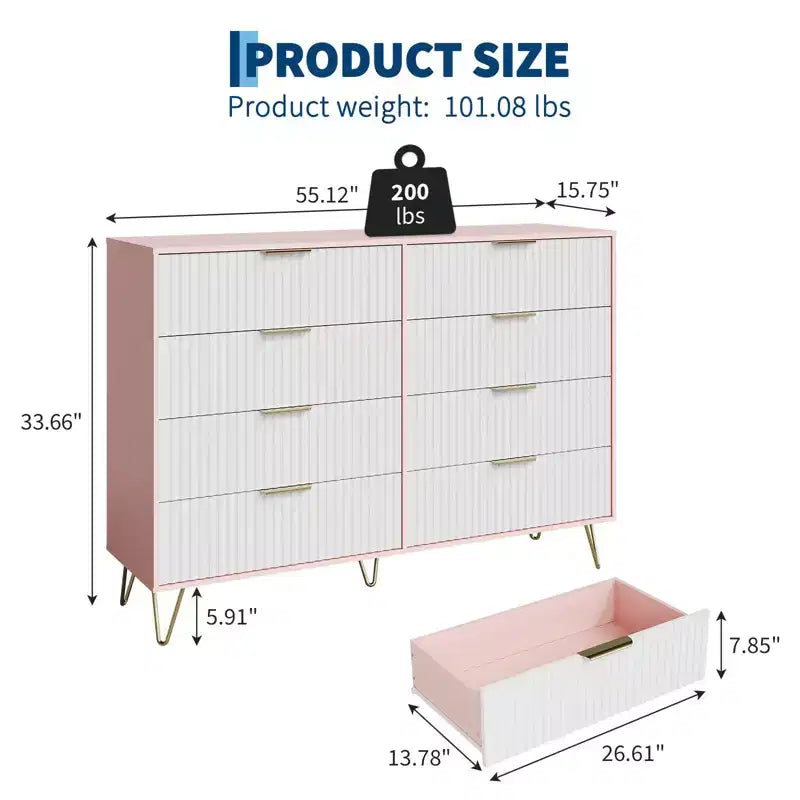 Cassettiera a 8 cassetti con scanalature, Nero/Naturale/Rosa/Bianco, Contenitore in legno per 1