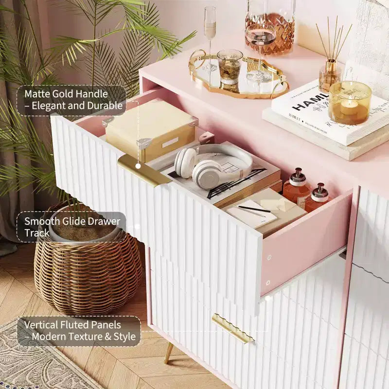 Cassettiera a 8 cassetti con scanalature, Nero/Naturale/Rosa/Bianco, Contenitore in legno per 1