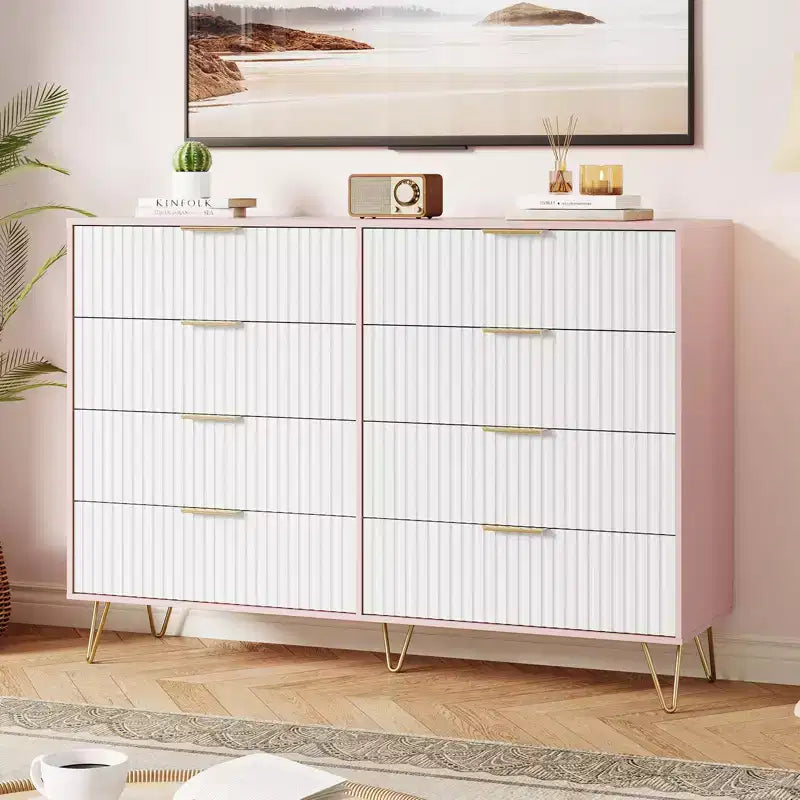 Cassettiera a 8 cassetti con scanalature, Nero/Naturale/Rosa/Bianco, Contenitore in legno per 1