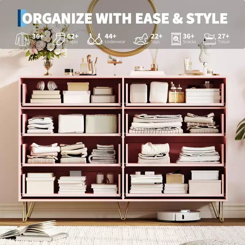 Cassettiera a 8 cassetti con scanalature, Nero/Naturale/Rosa/Bianco, Contenitore in legno per 1