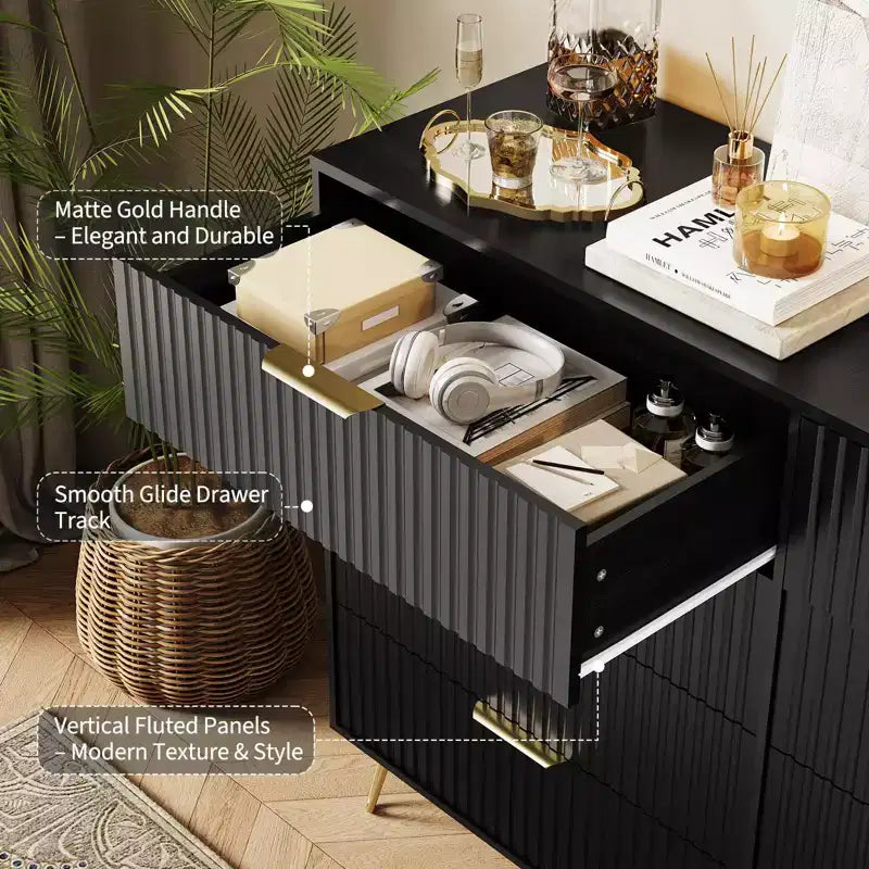 Cassettiera a 8 cassetti con scanalature, Nero/Naturale/Rosa/Bianco, Contenitore in legno per 1