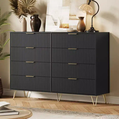 Modern Wood Dresser with 8 Fluted Drawers, Large Storage Chest with Metal Handles, Anti-Tip Bedroom Dresser for Bedroom, Living Room, Hallway
