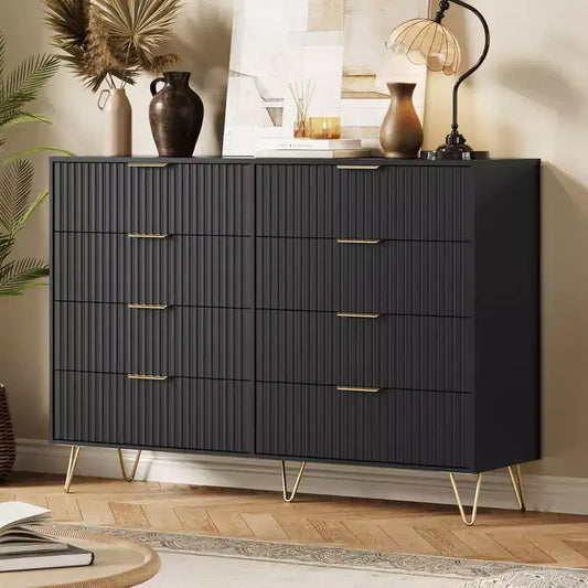 Modern Wood Dresser with 8 Fluted Drawers, Large Storage Chest with Metal Handles, Anti-Tip Bedroom Dresser for Bedroom, Living Room, Hallway