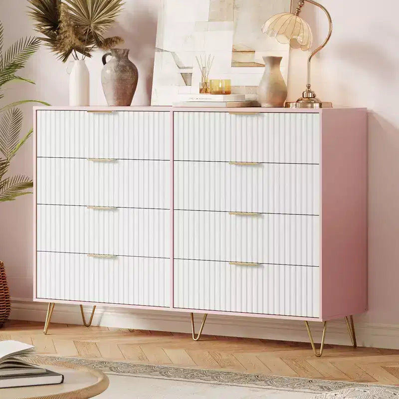 Cassettiera a 8 cassetti con scanalature, Nero/Naturale/Rosa/Bianco, Contenitore in legno per 1