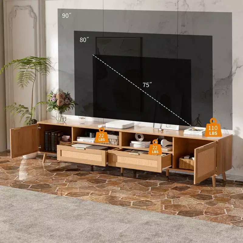 Mobile TV a 2 ante e 2 cassetti in rattan naturale, per TV fino a 90"