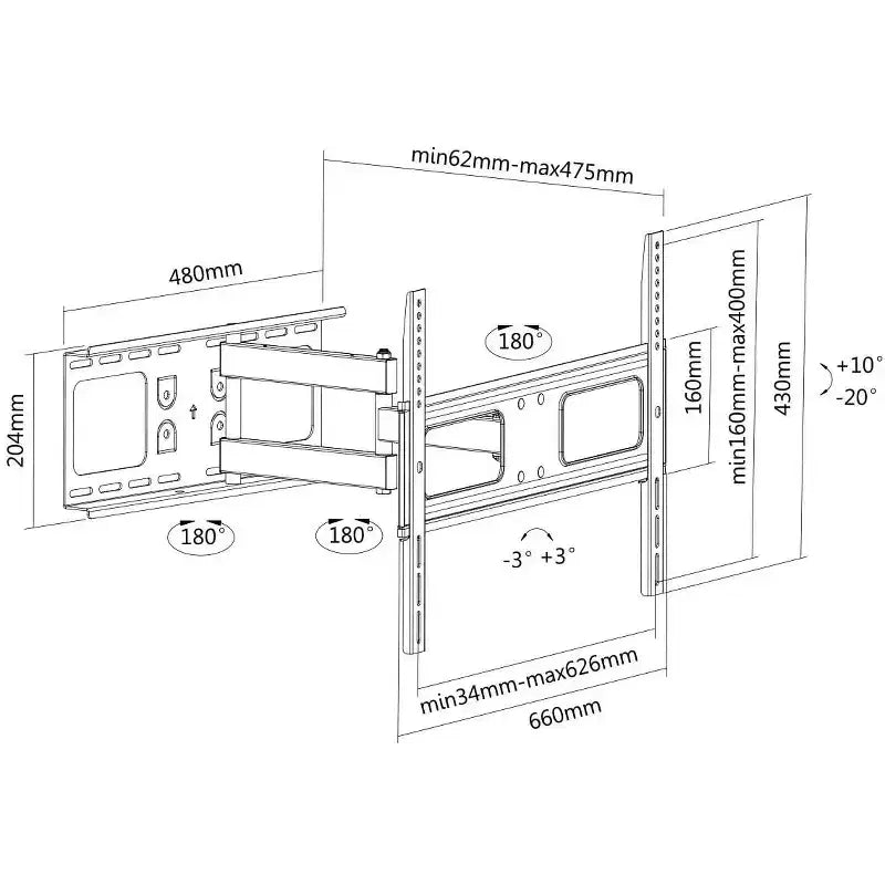 Supporto da parete nero per TV, completamente orientabile, per 1 TV, compatibile con schermi da 37" a 70"