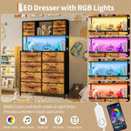 Cassettiera a 12 cassetti in tessuto nero/marrone/grigio/bianco con luce a LED e presa di corrente, ripiani aperti, per 1 persona